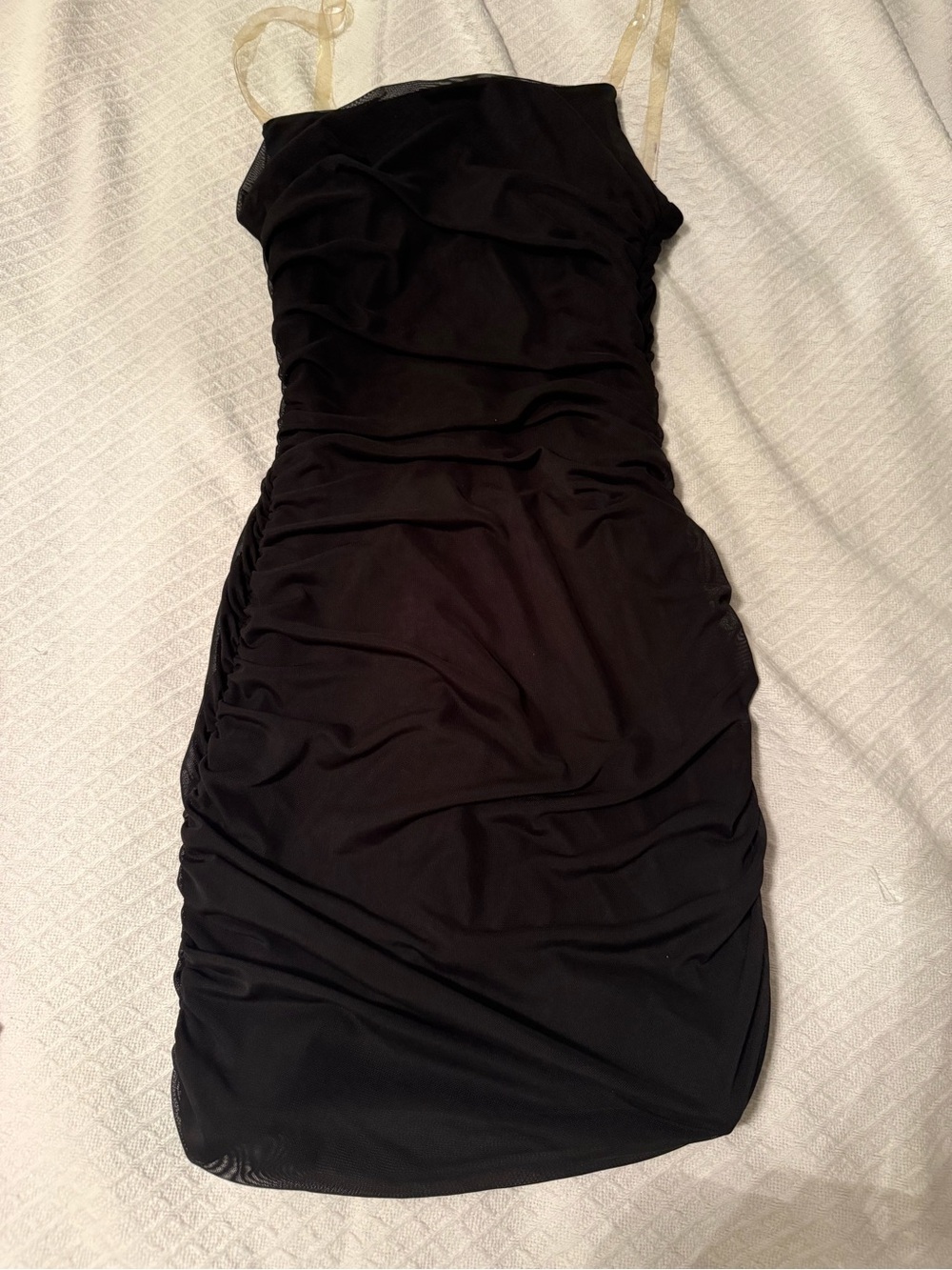 Black Ruched Mini Dress with Sheer Straps